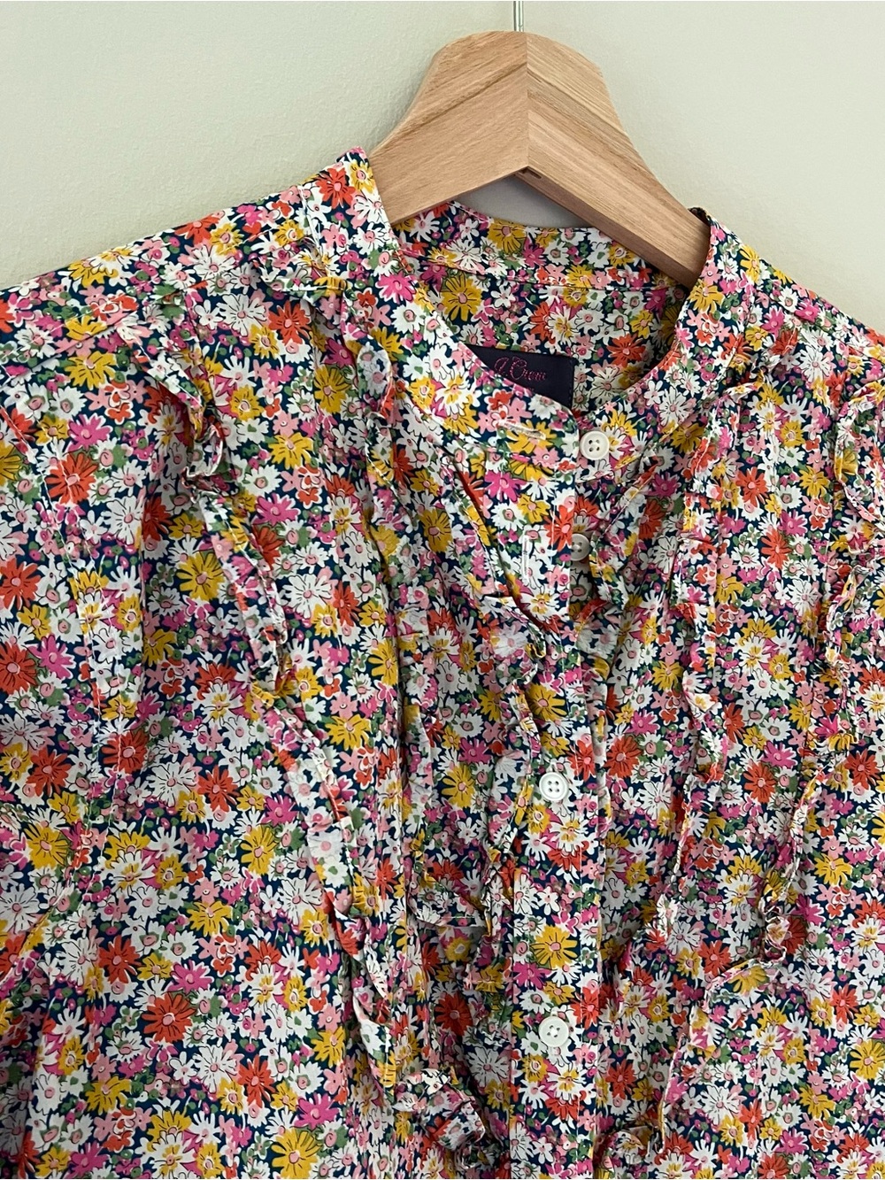J. Crew band collar Ruffle front shirt Liberty Libby Floral womens M cottagecore - Picture 3 of 13